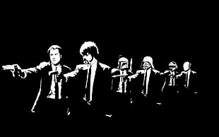 six men holding guns stencil, Pulp Fiction, movies, minimalism, monochrome HD wallpaper