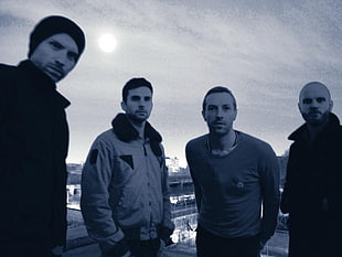 four man standing at building grayscale photo, Coldplay Ghost Stories