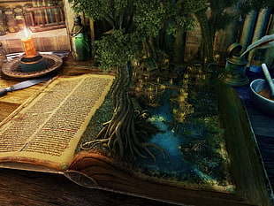brown and green 3D tree book graphic wallpaper, fantasy art, books, trees, artwork