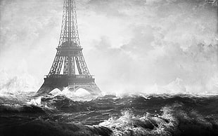 Eiffel Tower surrounded by body of water painting, Eiffel Tower, photo manipulation, water