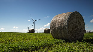 four hay rolls on green grass field with windmills, michigan