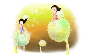 two girls cartoon character on top of flowers illustration