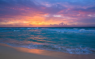 sea under orange sky, beach, sunset, sea, sky HD wallpaper