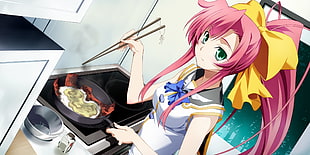 pink haired girl holding a black cooking pan anime illustration