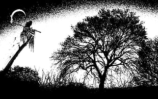 grim reaper on top of tree branch near trees artwork