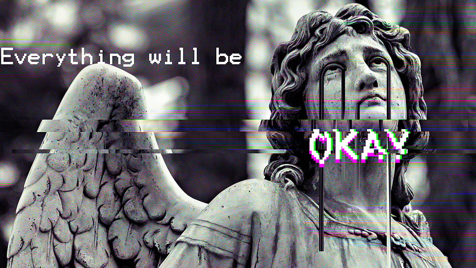 angel statue with text overlay, glitch art, statue, vaporwave, Greek mythology HD wallpaper