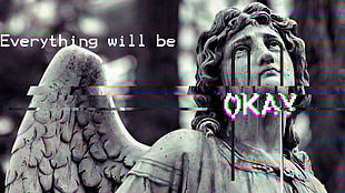 angel statue with text overlay, glitch art, statue, vaporwave, Greek mythology HD wallpaper
