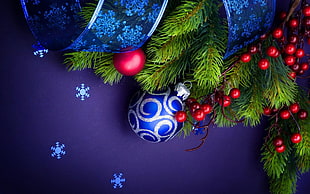 blue and silver bauble ornament, holiday, Christmas HD wallpaper