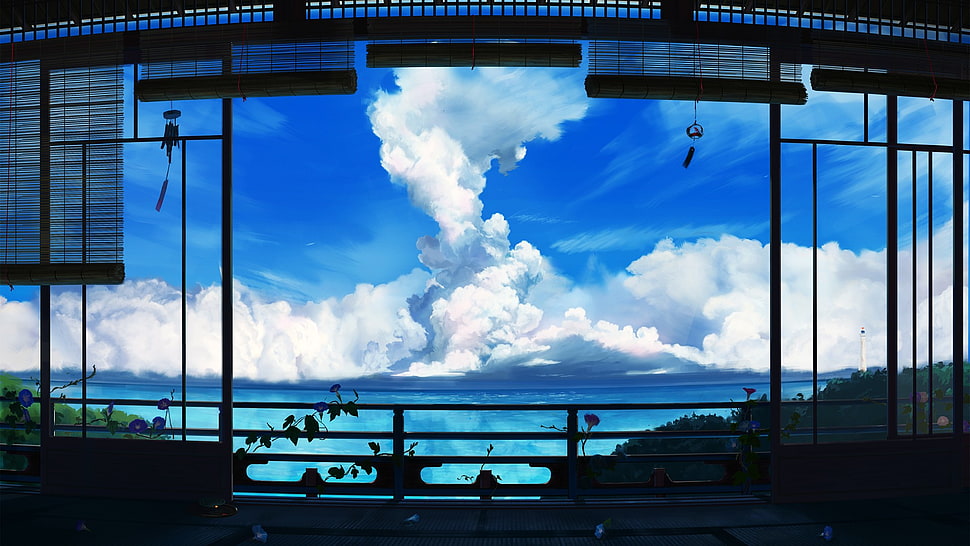 white clouds, window, anime, clouds, sky HD wallpaper