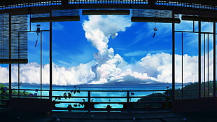 white clouds, window, anime, clouds, sky