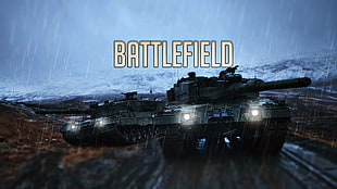 two M1 Abrams military tanks with text overlay, Leopard 2, rain, mud, Battlefield