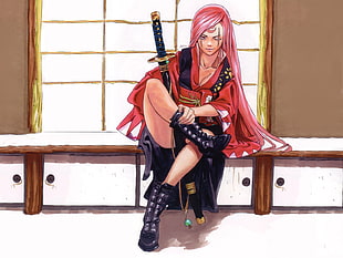 female anime character wearing red dress holding katana digital wallpaper