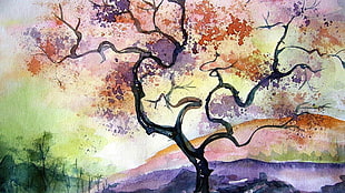 bare tree painting, painting, watercolor, artwork, warm colors HD wallpaper
