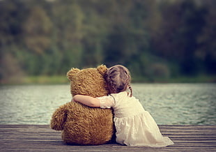 brown bear plush toy, children, teddy bears, little girl