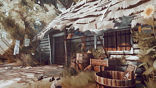gray and brown wooden house painting, The Witcher 3: Wild Hunt, video games, screen shot, painting