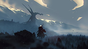 man riding horse facing snow covered mountain painting, fantasy art, warrior, The Witcher 3: Wild Hunt
