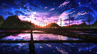 body of water with mountains in the background painting