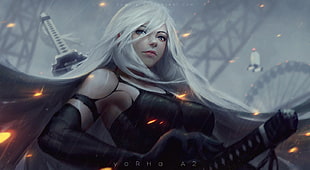 gray-haired female character in black top digital wallpaper