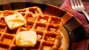 two gold-colored rings, food, waffles, fork