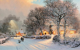 two human and one dog on snow covered field surrounded of snow covered trees during daytime