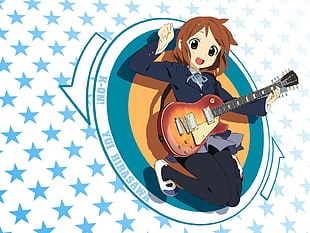 girl with brown hair holding brown guitar sticker