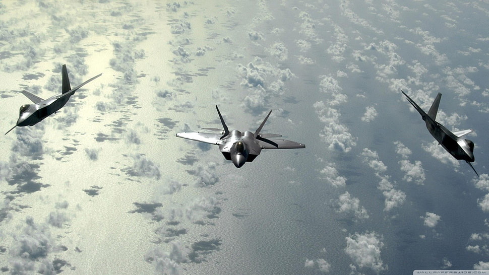 three gray jet planes, military, military aircraft, USA, F-22 Raptor HD wallpaper