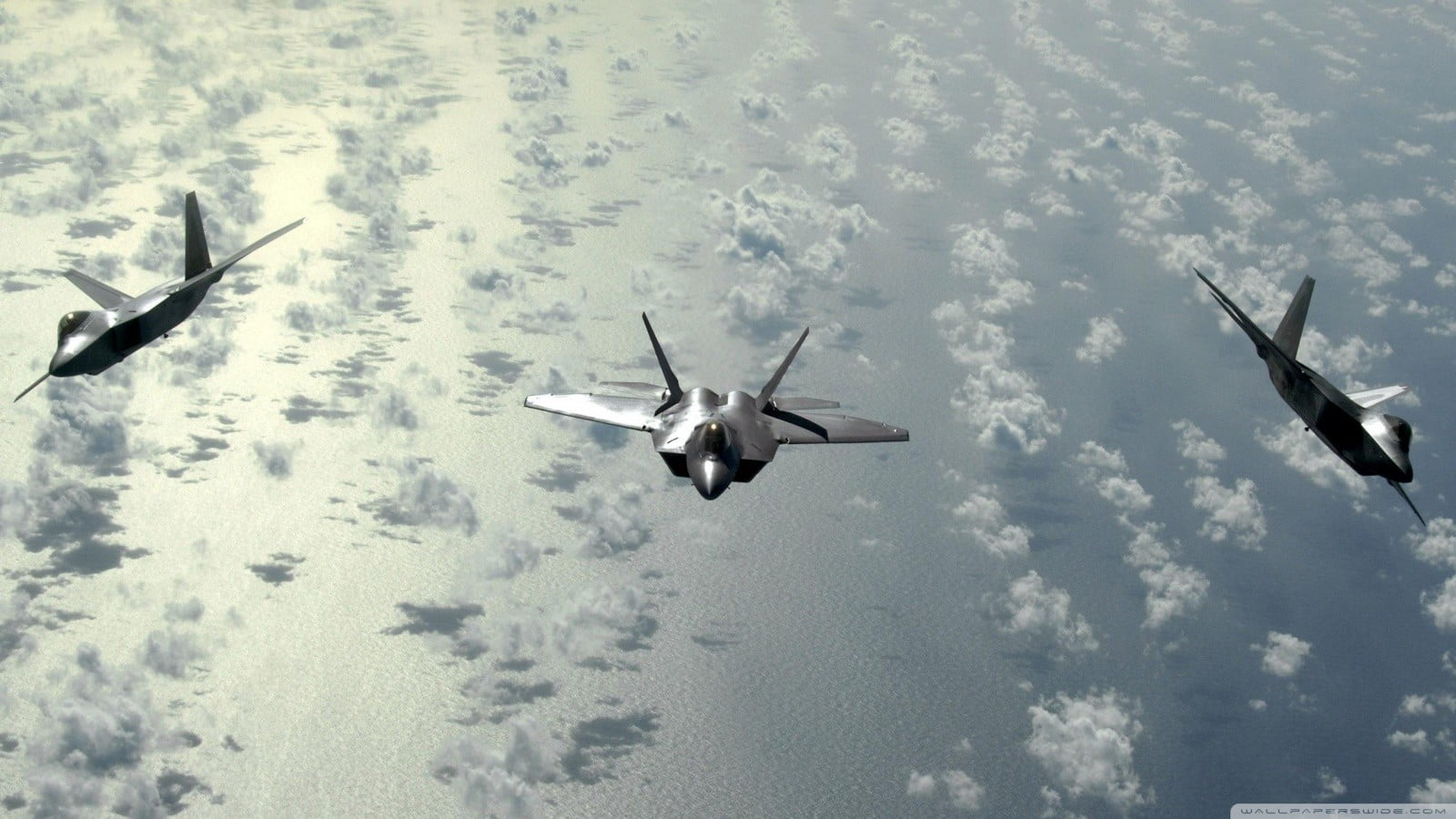 three gray jet planes, military, military aircraft, USA, F-22 Raptor