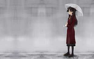 maroon haired woman in red long coat female anime character holding umbrella illustration