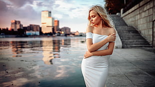 woman wearing white off-shoulder dress HD wallpaper