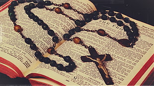 black and brown rosary, Holy Bible, holy rosary, cross, Jesus Christ