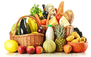 assorted fruits and vegetables in brown wicker basket