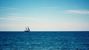 white and black sailboat, minimalism, clouds, sailing ship, water