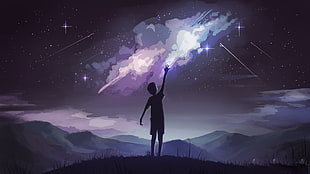 boy reaching to the sky wallpaper, illustration, night, mountains, stars