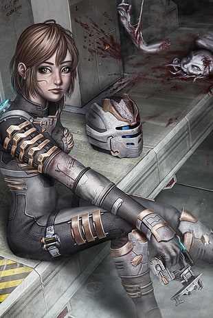 female character wearing armor suit sitting on gray bench while holding weapon painting