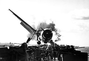 grayscale photo of man climbing airplane, aircraft, ship, craft, World War II