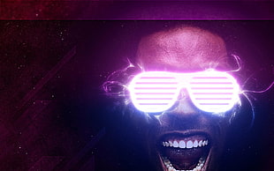 man wearing neon-light slatted sunglasses digital wallpaper, photo manipulation, dark, purple, glasses