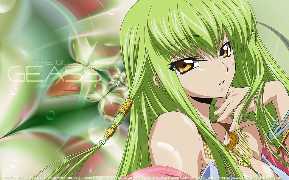 green and yellow leaf plant, anime, C.C., Code Geass, green hair HD wallpaper