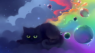black cat painting, cat, bubbles, artwork