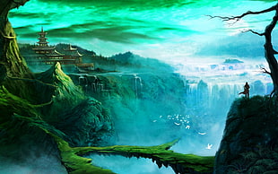 person standing near falls digital wallpaper, fantasy art, temple, waterfall