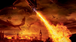 village under siege with dragons digital wallpaper, dragon, fire, London, Reign of Fire
