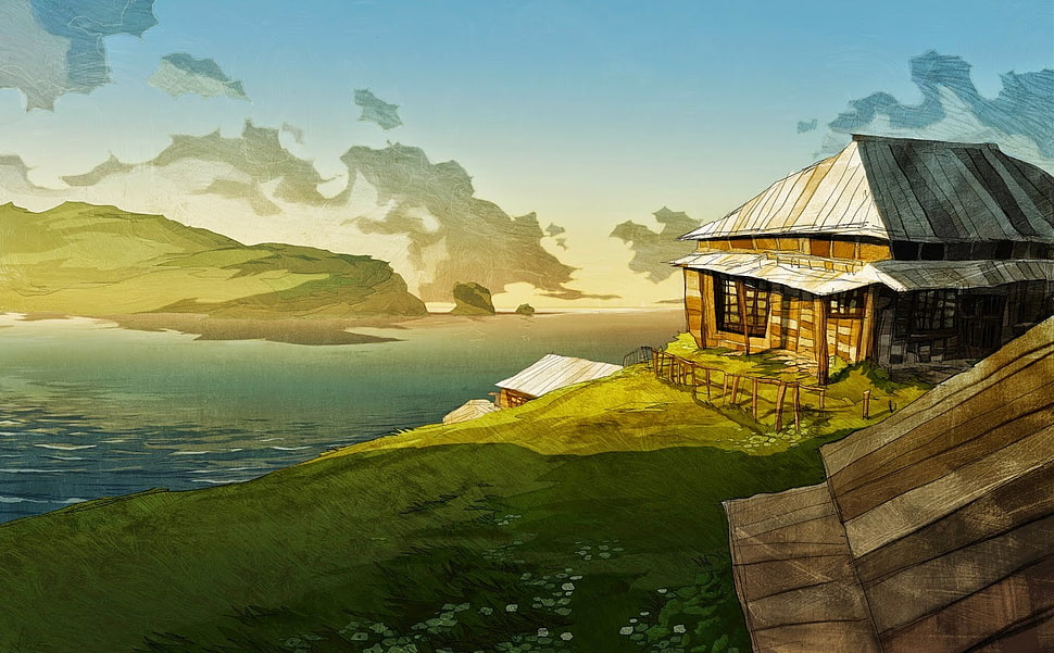 brown house near body of water painting, fantasy art, landscape, nature, house HD wallpaper
