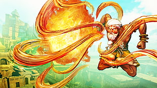 man wearing white turban flying above building digital wallpaper, Street Fighter V, Dhalsim, artwork, video games