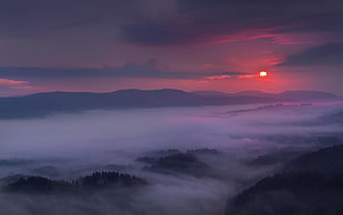 mountains and fog, nature, landscape, purple, sky