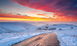 painting of road, sunset, clouds, winter, road