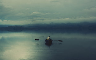 black canoe with oars, lake, water, boat