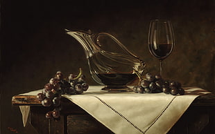 grapes beside wine on table HD wallpaper