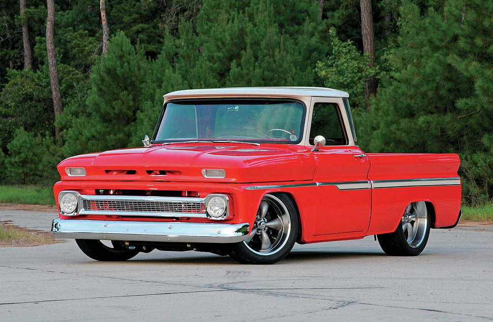 red and white classic truck HD wallpaper