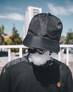 black and gray cap, black outfits, smoking, smoke, depth of field
