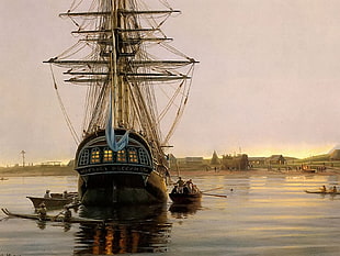 black galleon ship, sailing ship, ship, vehicle, rowboat