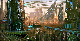 spaceship illustration, futuristic city, science fiction, artwork, digital art